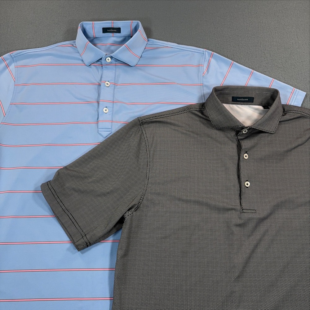 Turtleson Mens Performance Polo Shirt Bundle 2pk Blue Striped Black Check M